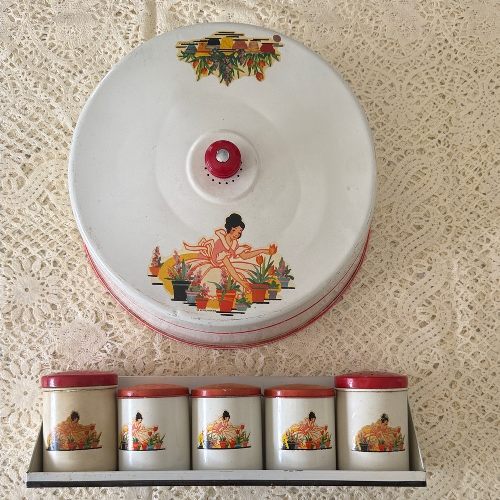 Vintage Spice Tins with Rack and Metal Cake Cover